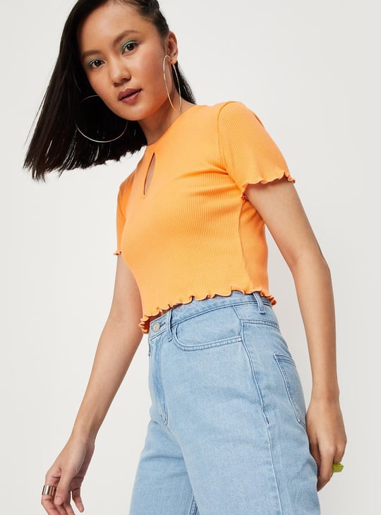Women Ribbed Cut-Out Crop Top