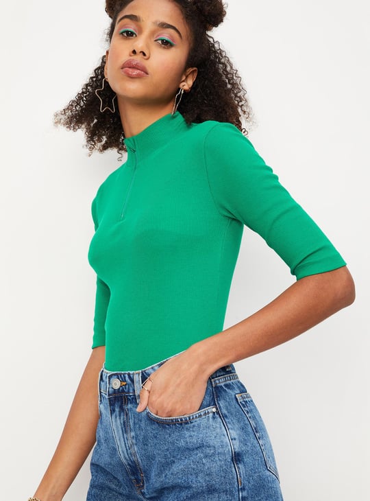 Women Ribbed Zip Crop T-shirt