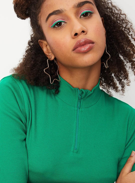 Women Ribbed Zip Crop T-shirt