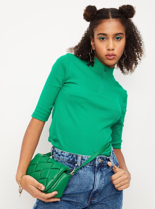 Women Ribbed Zip Crop T-shirt
