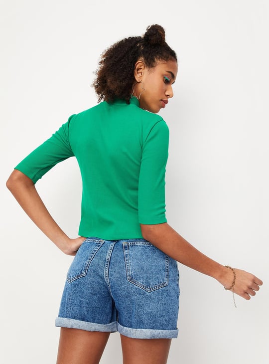 Women Ribbed Zip Crop T-shirt