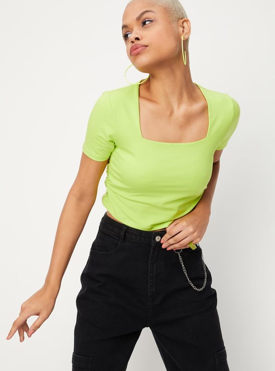 Women Solid Square Neck Crop T-shirt