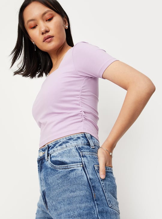 Women Solid Square Neck Crop T-shirt