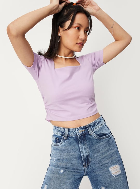 Women Solid Square Neck Crop T-shirt