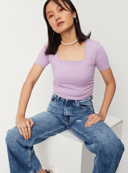 Women Solid Square Neck Crop T-shirt