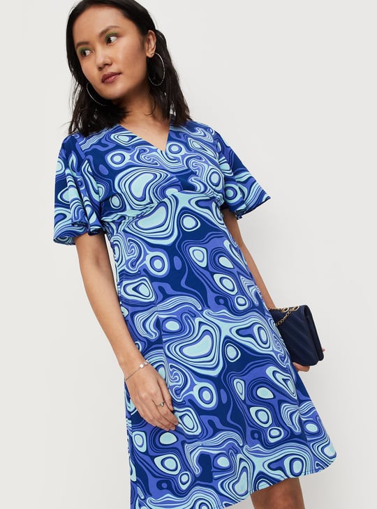 Women Printed Flutter Sleeves Wrap Dress