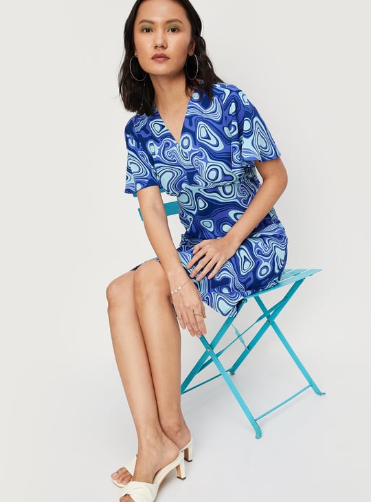 Women Printed Flutter Sleeves Wrap Dress