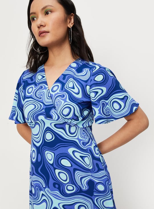 Women Printed Flutter Sleeves Wrap Dress