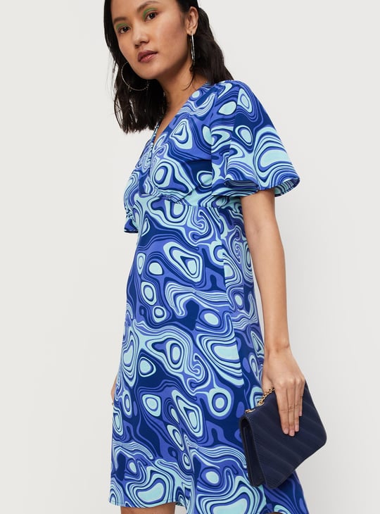 Women Printed Flutter Sleeves Wrap Dress