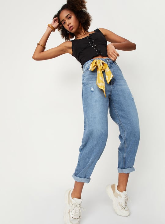 Women Distressed Mom Fit Jeans