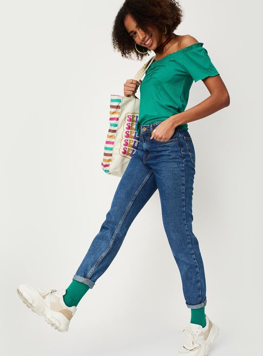 Women Washed Mom Fit Jeans
