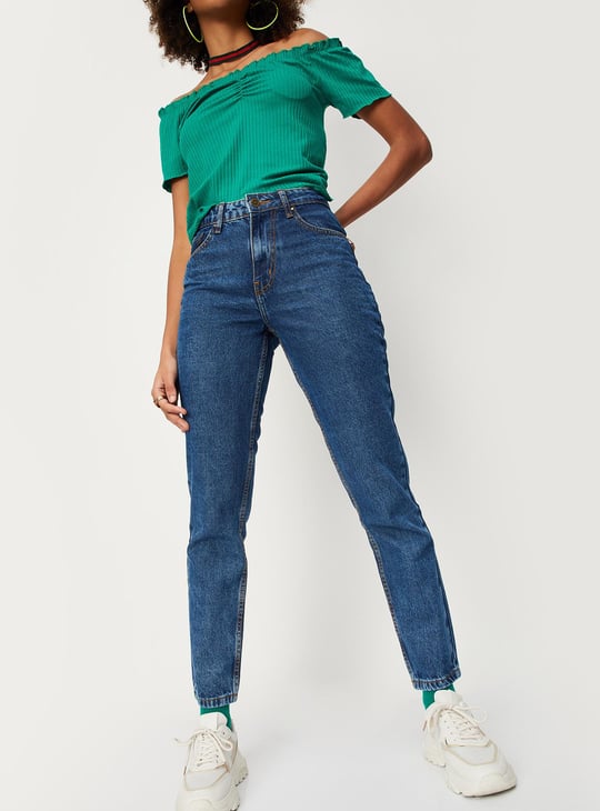 Women Washed Mom Fit Jeans