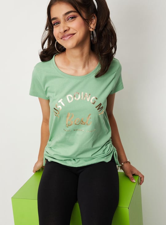 Girls Typographic Printed Ruched T-shirt