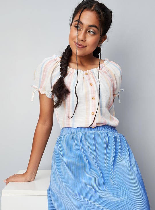 Girls Striped Tie-Up Sleeve Top