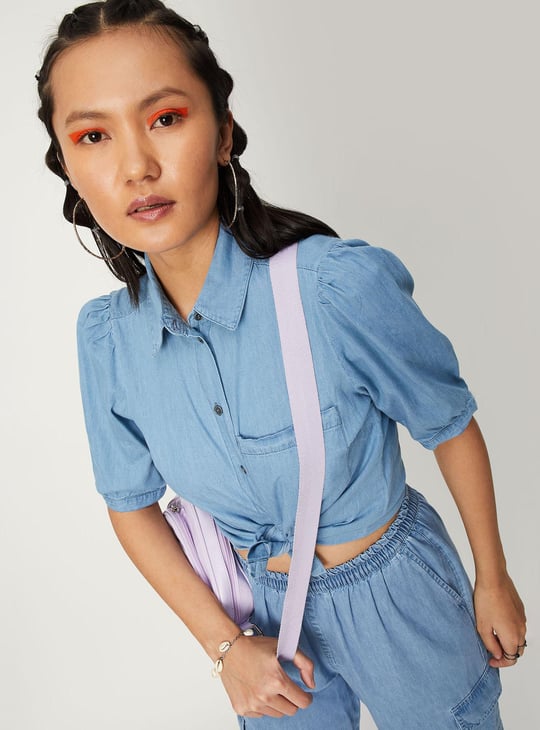 Women Solid Puffed Sleeve Denim Shirt