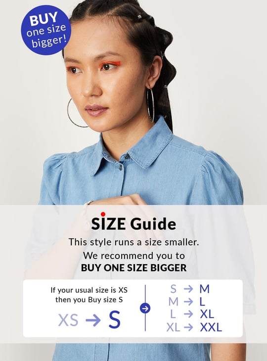 Women Solid Puffed Sleeve Denim Shirt