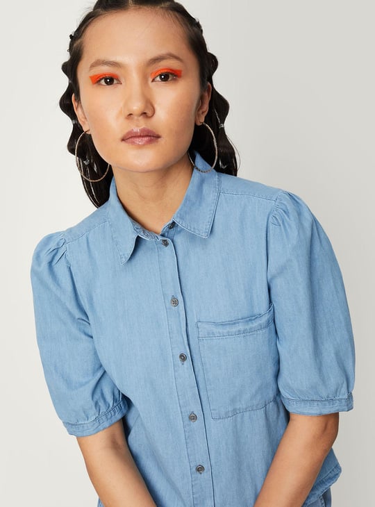 Women Solid Puffed Sleeve Denim Shirt