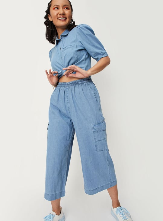 Women Solid Puffed Sleeve Denim Shirt