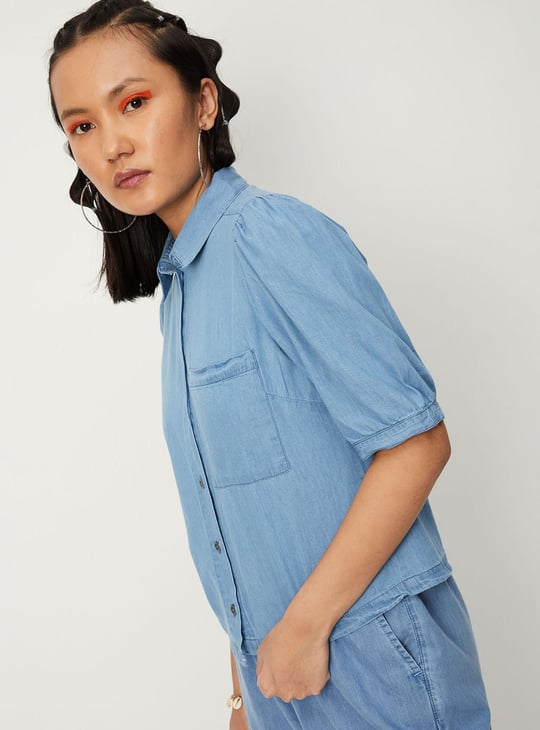 Women Solid Puffed Sleeve Denim Shirt