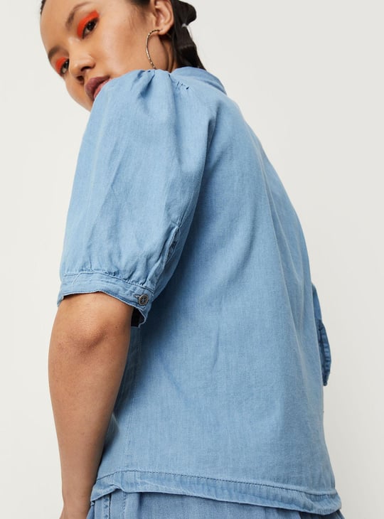Women Solid Puffed Sleeve Denim Shirt