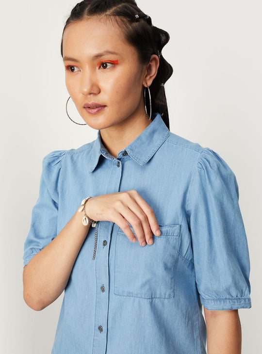 Women Solid Puffed Sleeve Denim Shirt