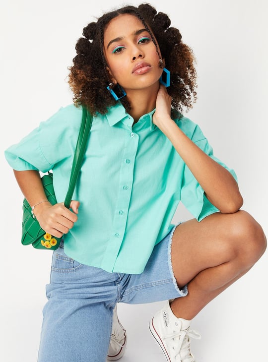 Women Solid Boxy Crop Shirt