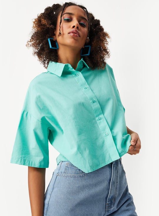 Women Solid Boxy Crop Shirt