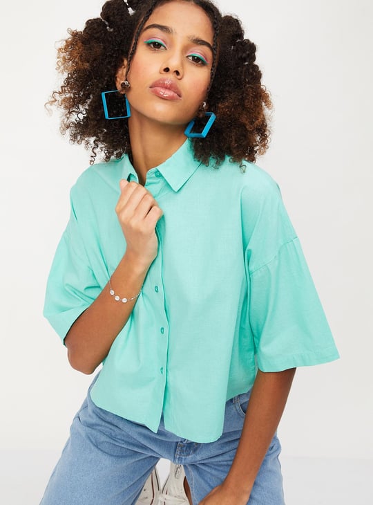 Women Solid Boxy Crop Shirt