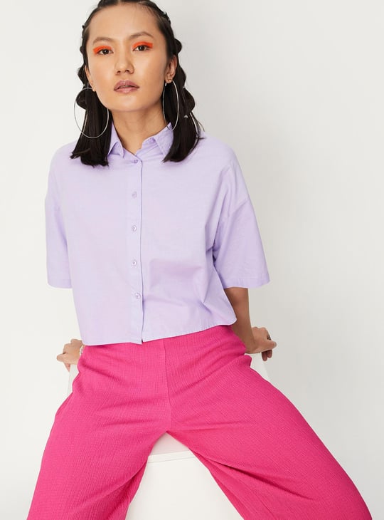 Women Solid Boxy Crop Shirt