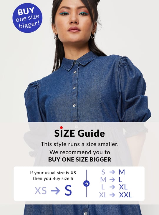 Women Solid Puffed Sleeved Denim Dress