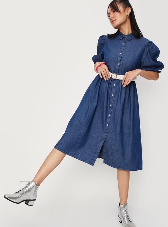 Women Solid Puffed Sleeved Denim Dress