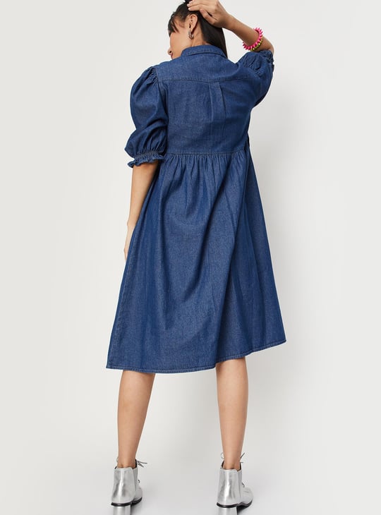 Women Solid Puffed Sleeved Denim Dress