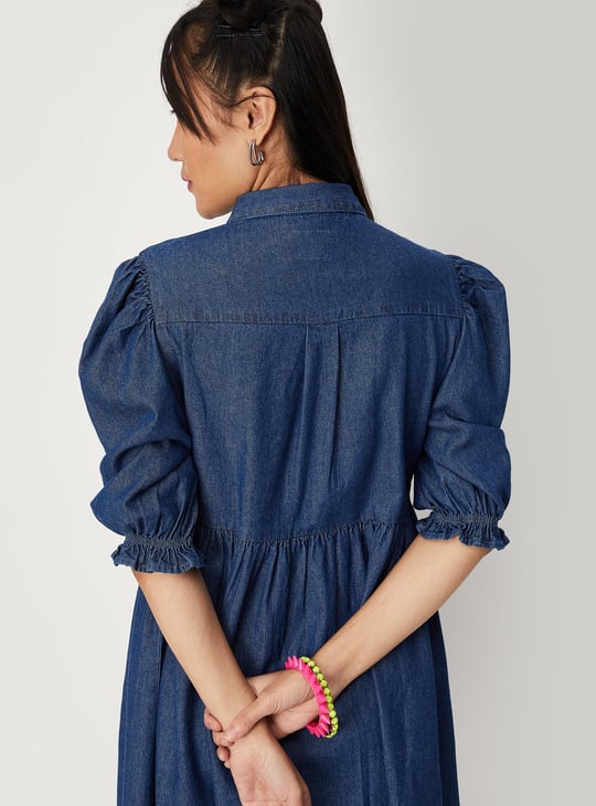 Women Solid Puffed Sleeved Denim Dress