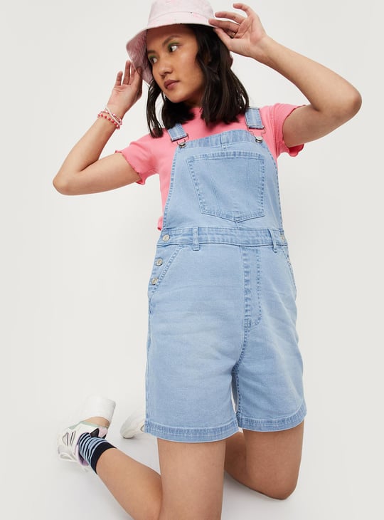 Women Solid Denim Dungaree Shorts