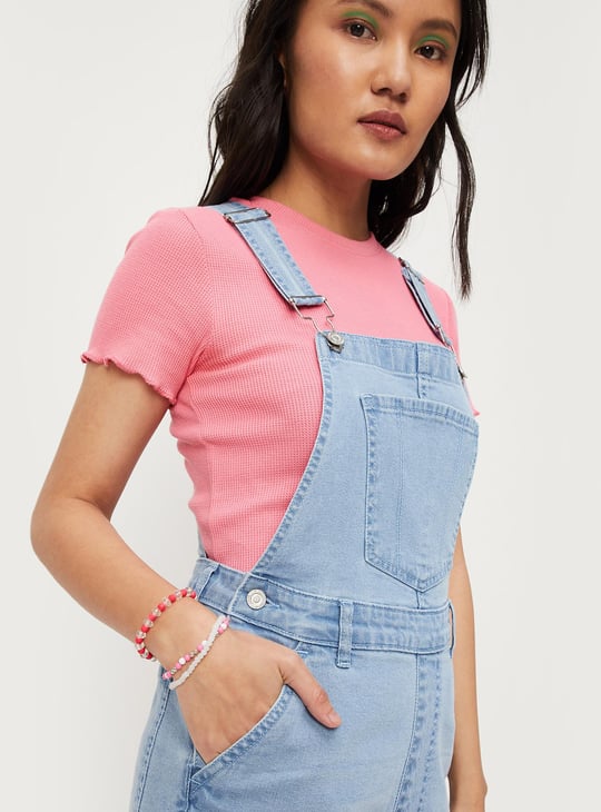 Women Solid Denim Dungaree Shorts