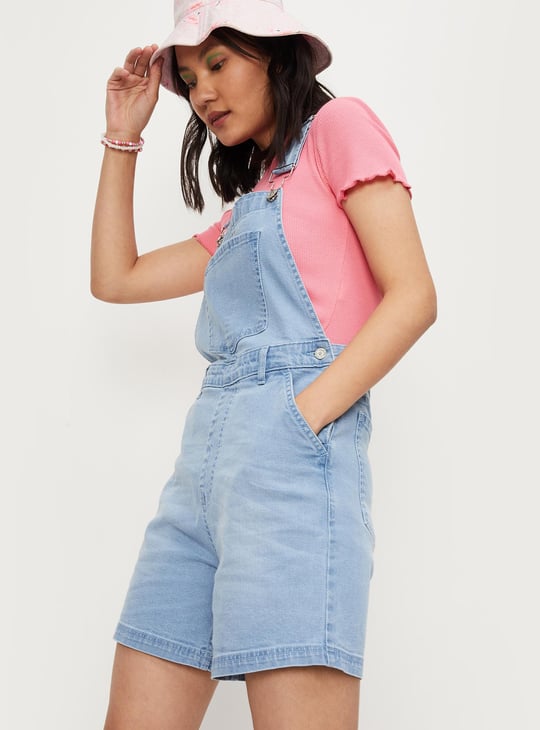 Women Solid Denim Dungaree Shorts