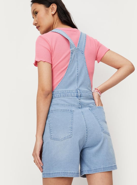 Women Solid Denim Dungaree Shorts