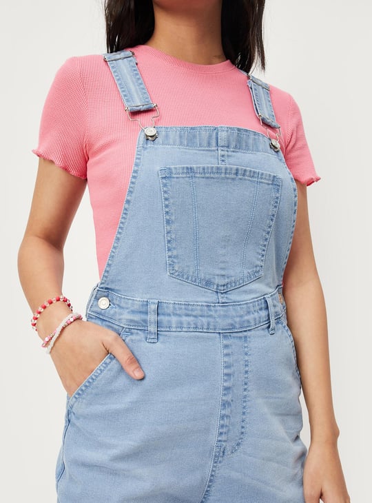 Women Solid Denim Dungaree Shorts