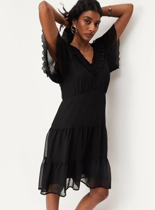 Women Pleated Tiered A-line Dress Gathered Pleated