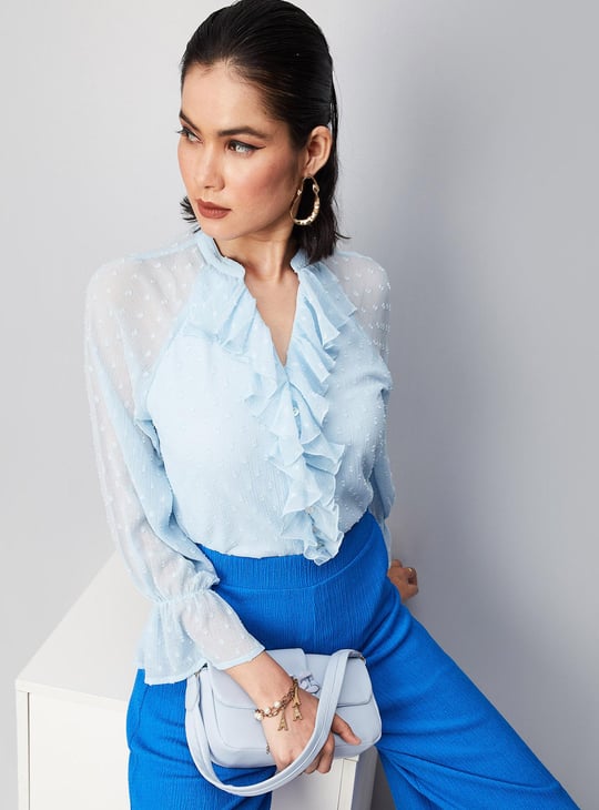 Women Dobby Woven Ruffled Blouse