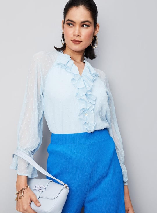 Women Dobby Woven Ruffled Blouse
