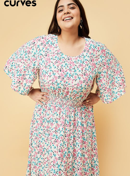 Women Printed Flutter Sleeve Mid Dress