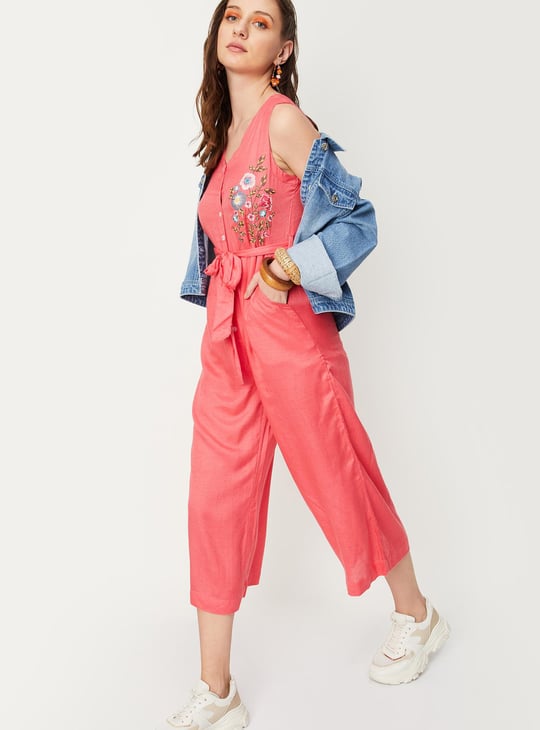 Women Embroidered Belted Crop Jumpsuit