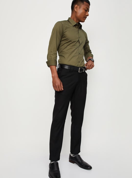 Men Woven Slim Fit Flexi Waist Formal Trousers