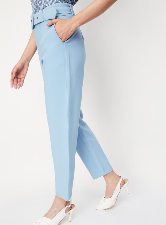 Baby blue fashion belted trousers