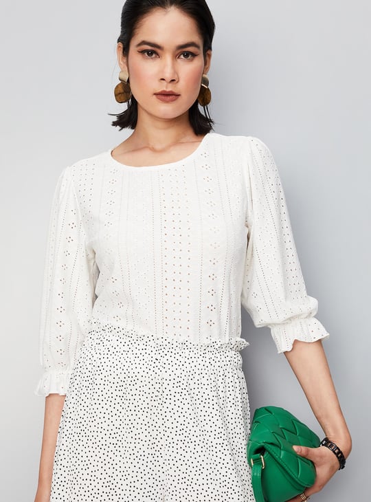 Women Schiffli Round Neck Knit Top
