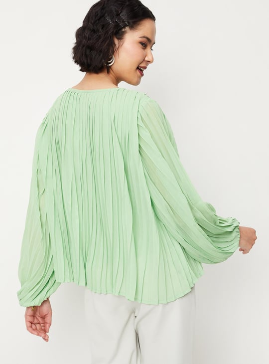 Women Pleated Balloon Sleeve Top
