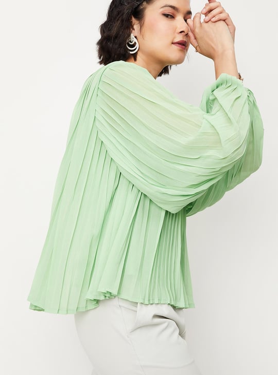Women Pleated Balloon Sleeve Top