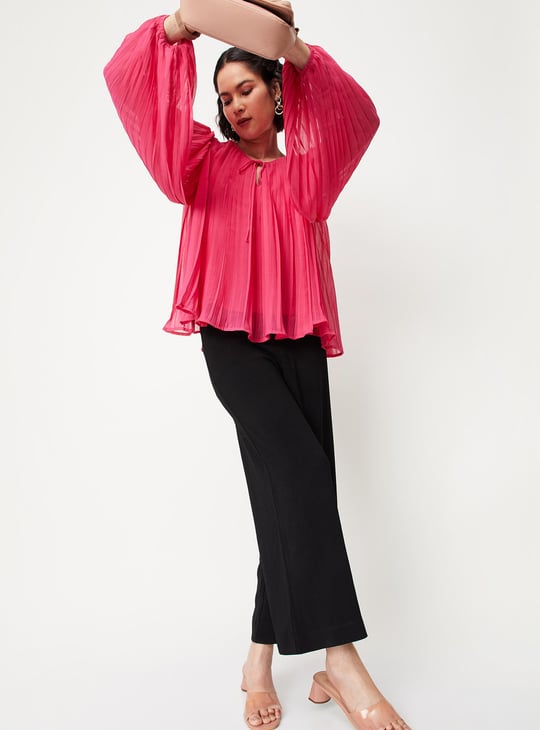 Women Pleated Balloon Sleeve Top