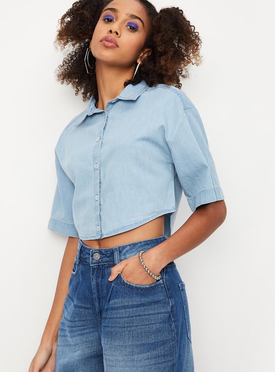 Women Solid Cropped Denim Shirt